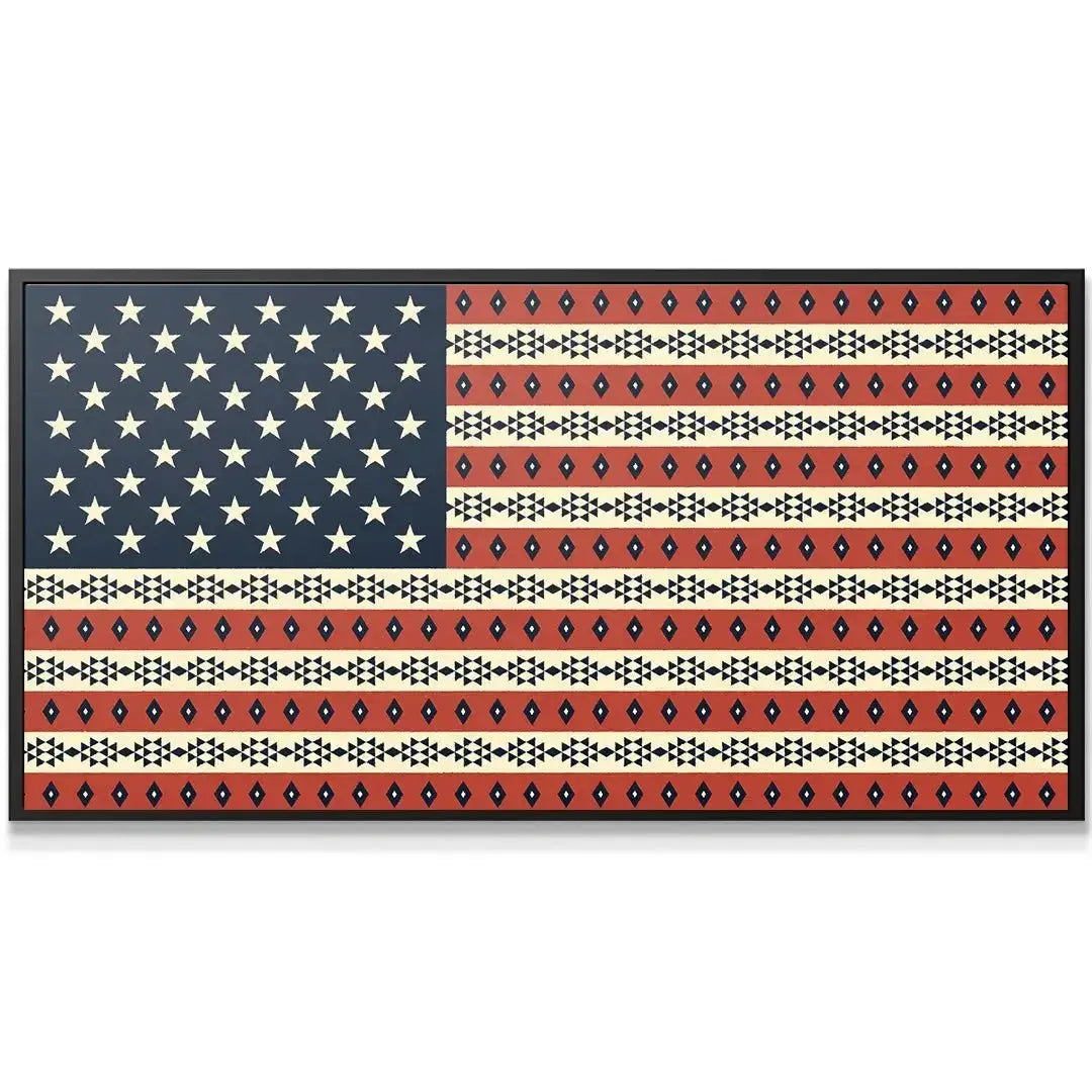 Full horizontal view of the vibrant Aztec USA Flag wall canvas, hanging in a living space.