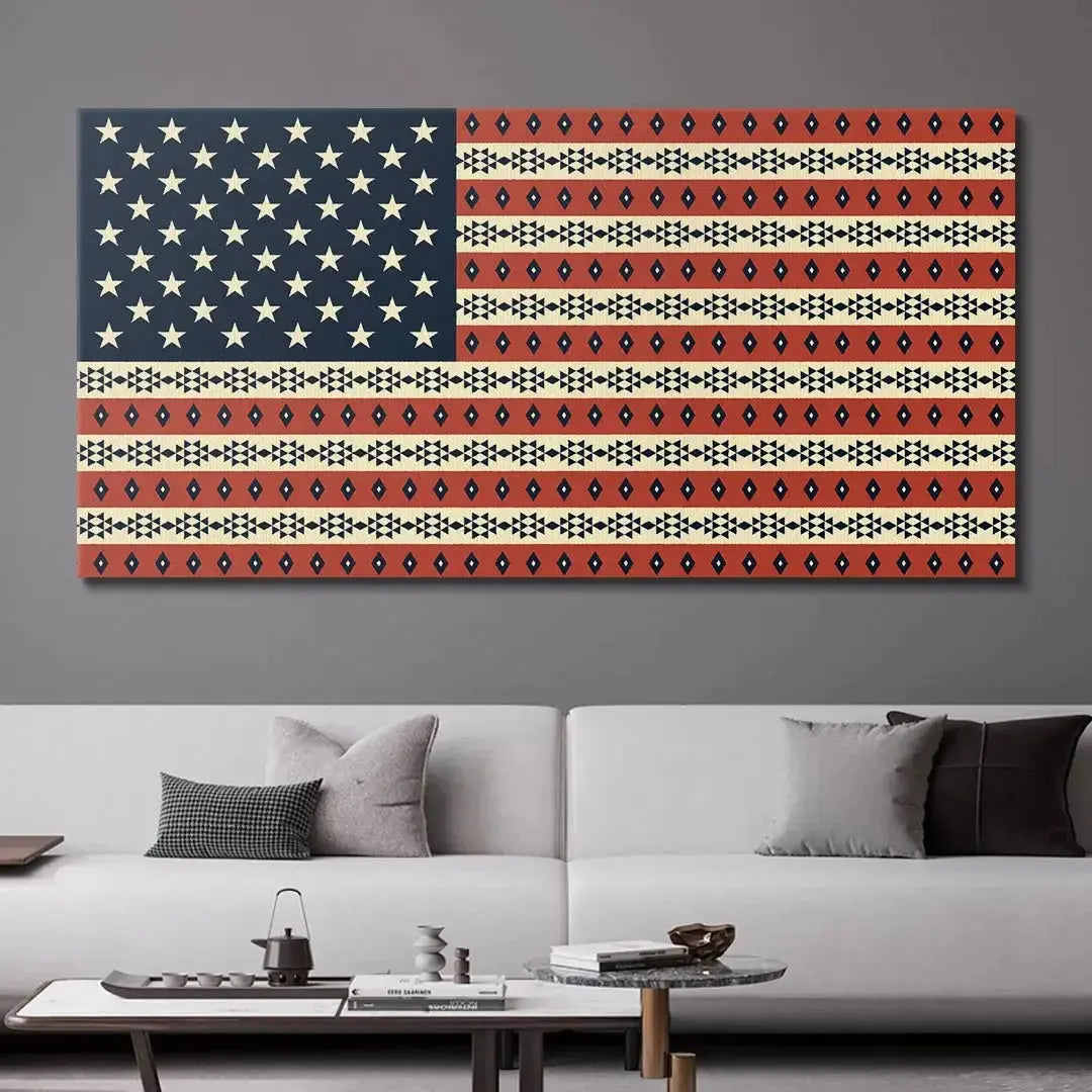 Lifestyle mock-up showing the textured finish of the Aztec USA Flag hanging above a rustic wooden mantle.