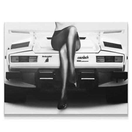 Close-up of the Lamborghini Countach 5000 QV Back End with model's legs and high heels.