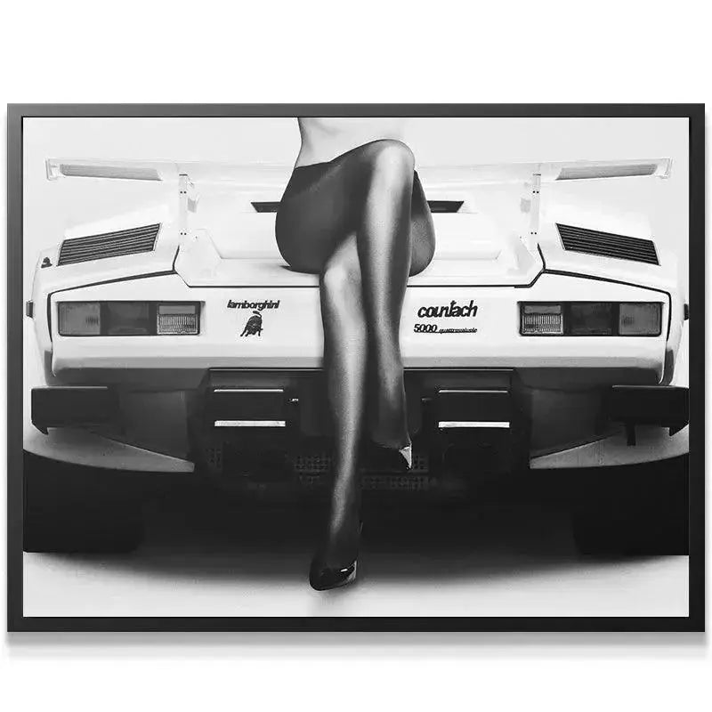 Monochromatic poster displaying the wide spoiler and aggressive Back End design of the supercar.