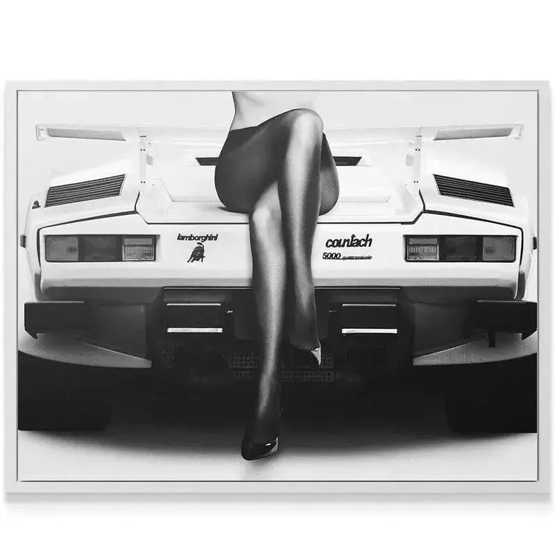 Full view of the vintage white supercar Back End featuring classic pin-up style pose and stark contrast.