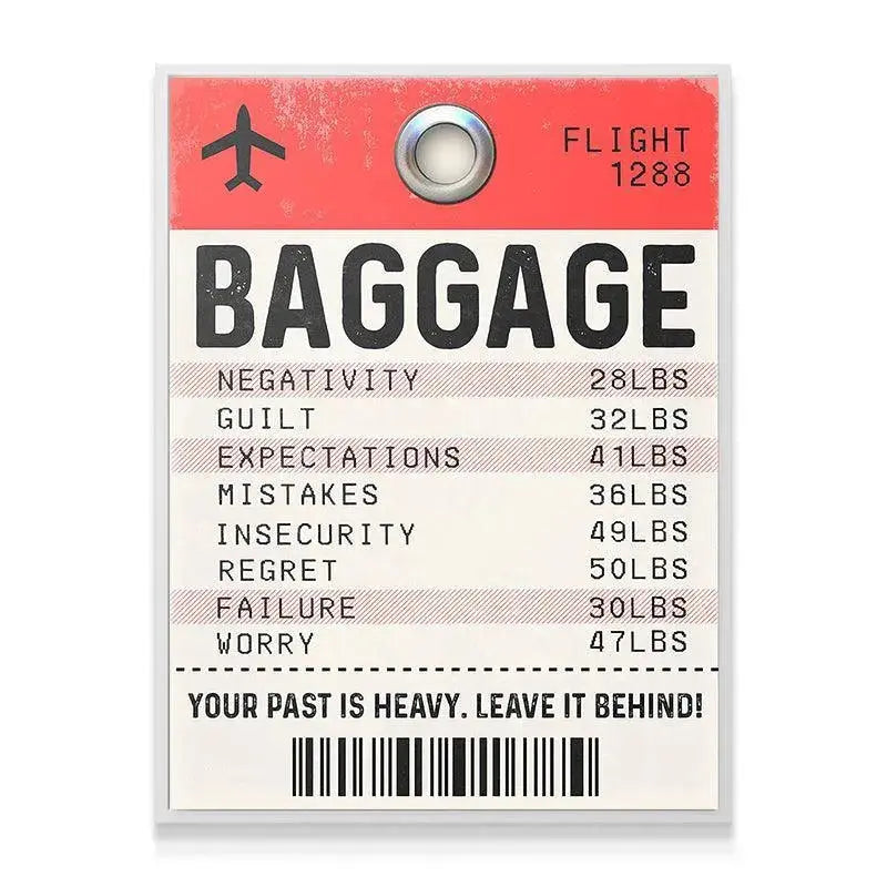 Detailed shot highlighting the list of 'Guilt' and 'Expectations' listed on the vintage-style Baggage Tag print.