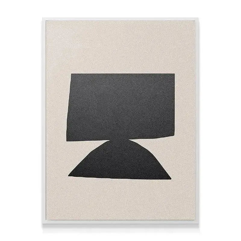 Lifestyle shot of the 'Balanced' geometric artwork hanging above a modern sideboard.