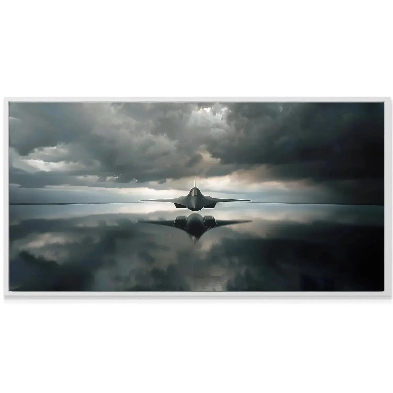 Frontal view of the stealth aircraft just above the water line, symbolizing absolute Balanced Flight control.