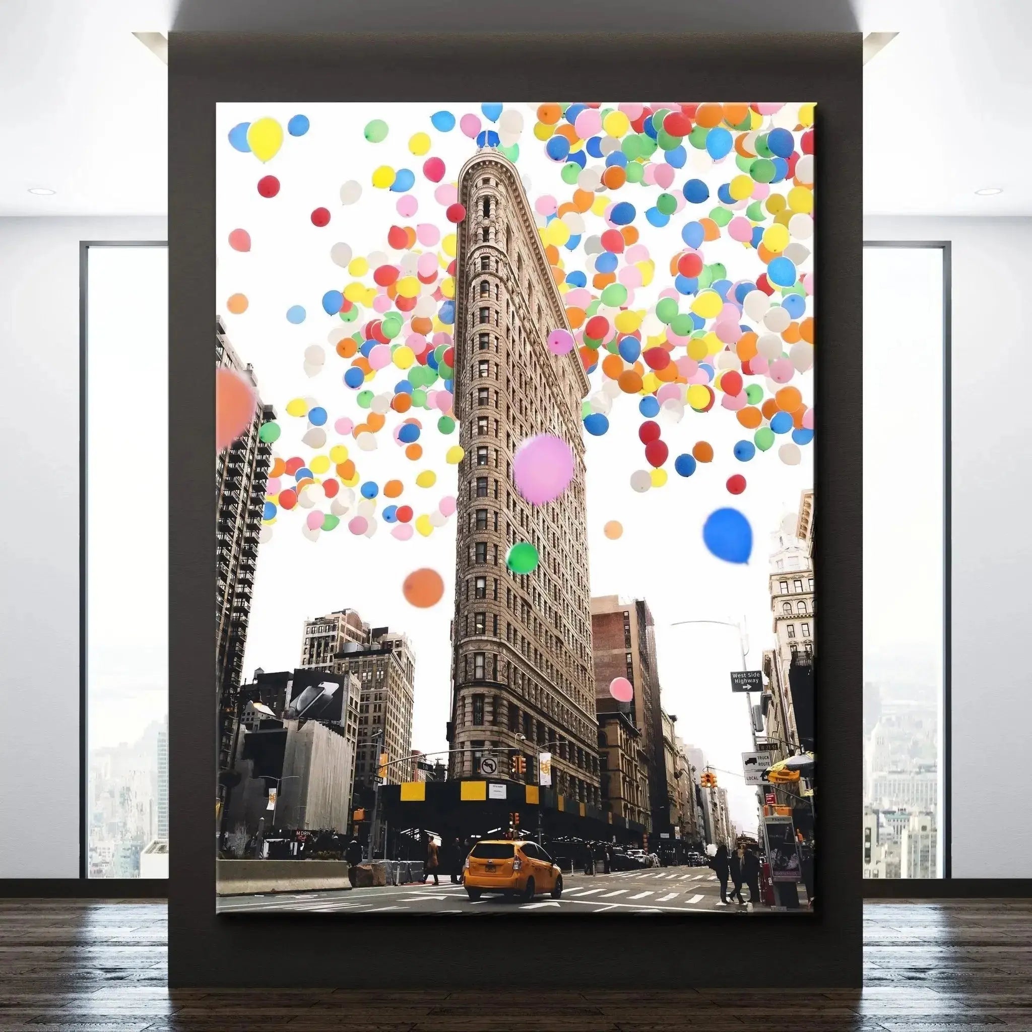 Vertical composition of the cityscape art print, capturing the full ascent of buoyant objects in Balloon City.