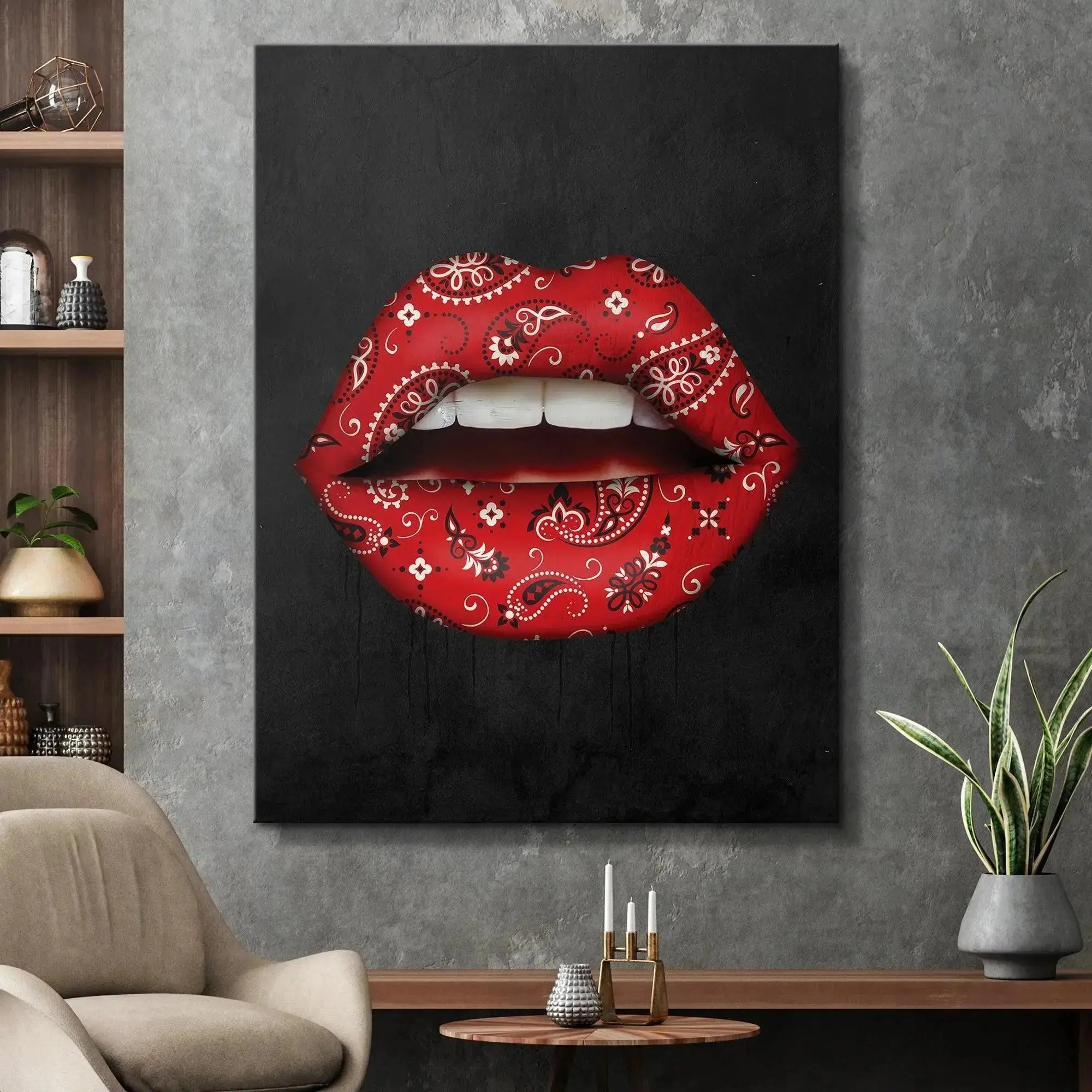 Striking visual contrast of the white teeth and deep red pattern in the Bandana Lips image.