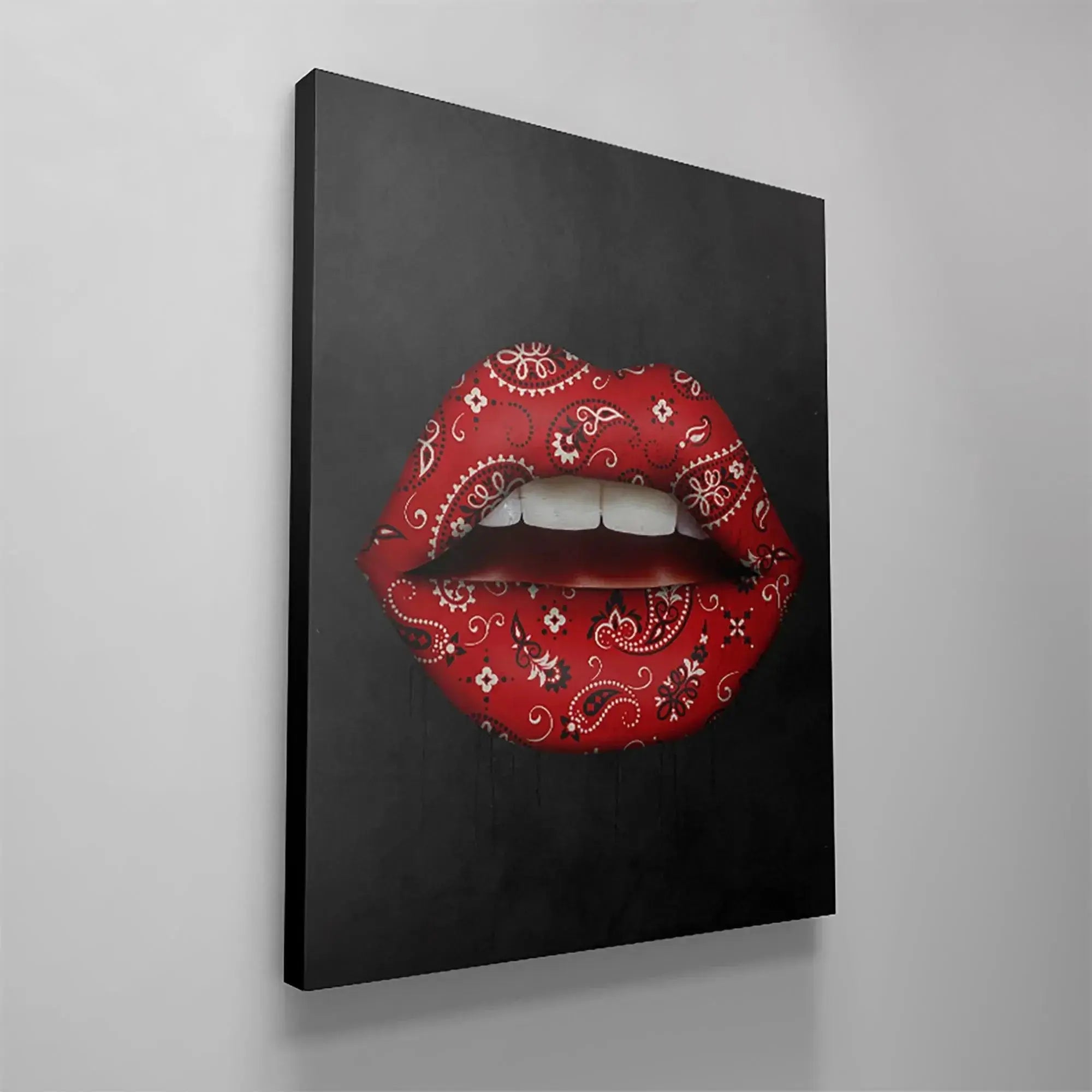 Detailed focus on the intricate paisley swirl design covering the Bandana Lips artwork.