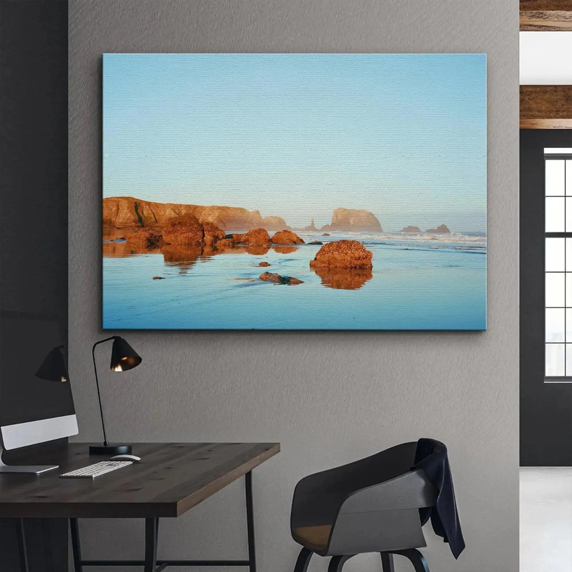 Lifestyle image suggestion: 'Bandon Blues' framed wall art displayed above a minimalist sofa.