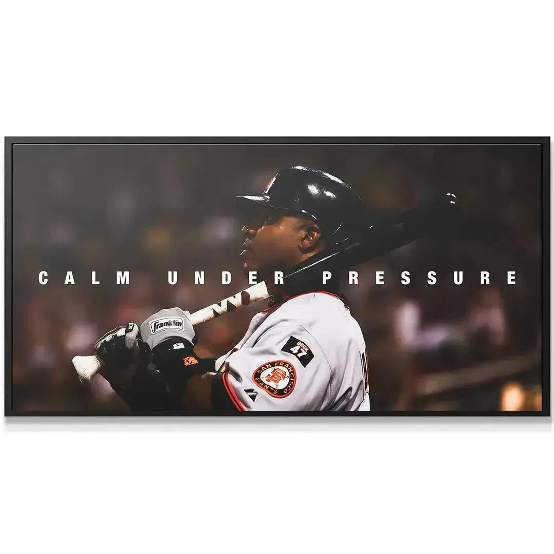 Moody, dark-lit stadium atmosphere featuring Barry Bonds - Calm Under Pressure holding the bat over his shoulder.