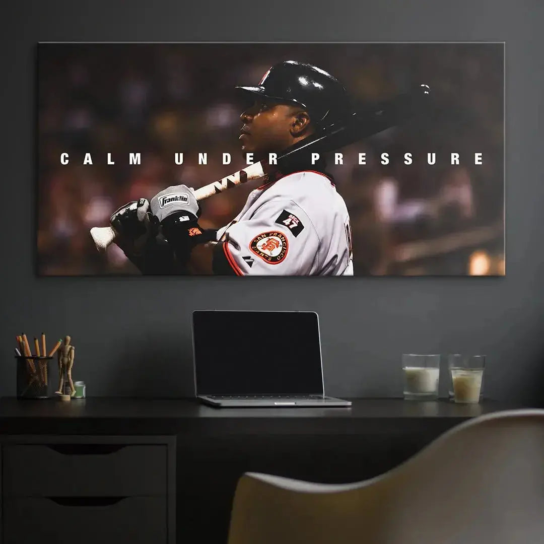 Detail shot of the Franklin batting gloves and determined profile of Barry Bonds - Calm Under Pressure.