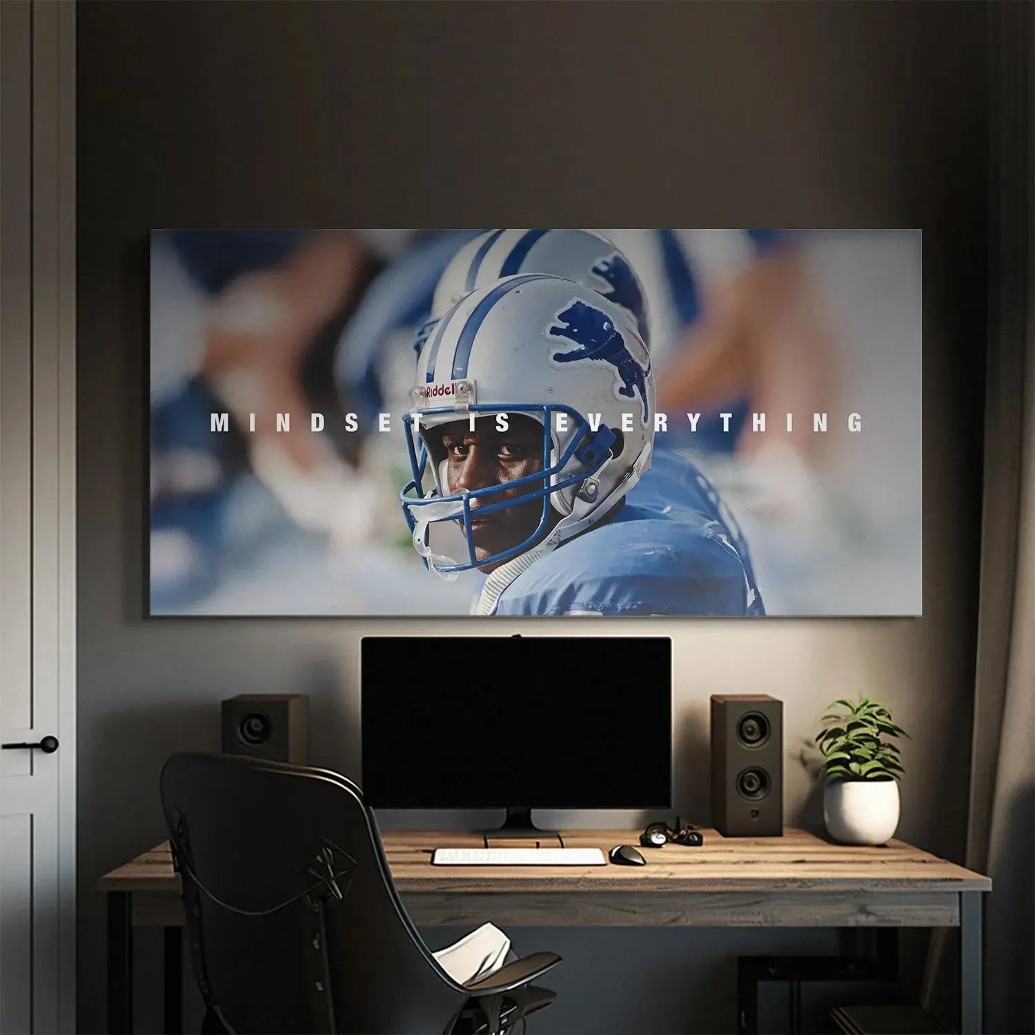 Dynamic side profile perspective of Barry Sanders - Mindset Is Everything on the football field.