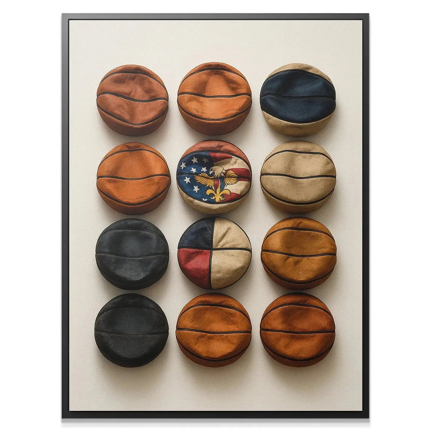 Close-up detail of the textured leather panels defining the rustic Basketball Wall artwork.