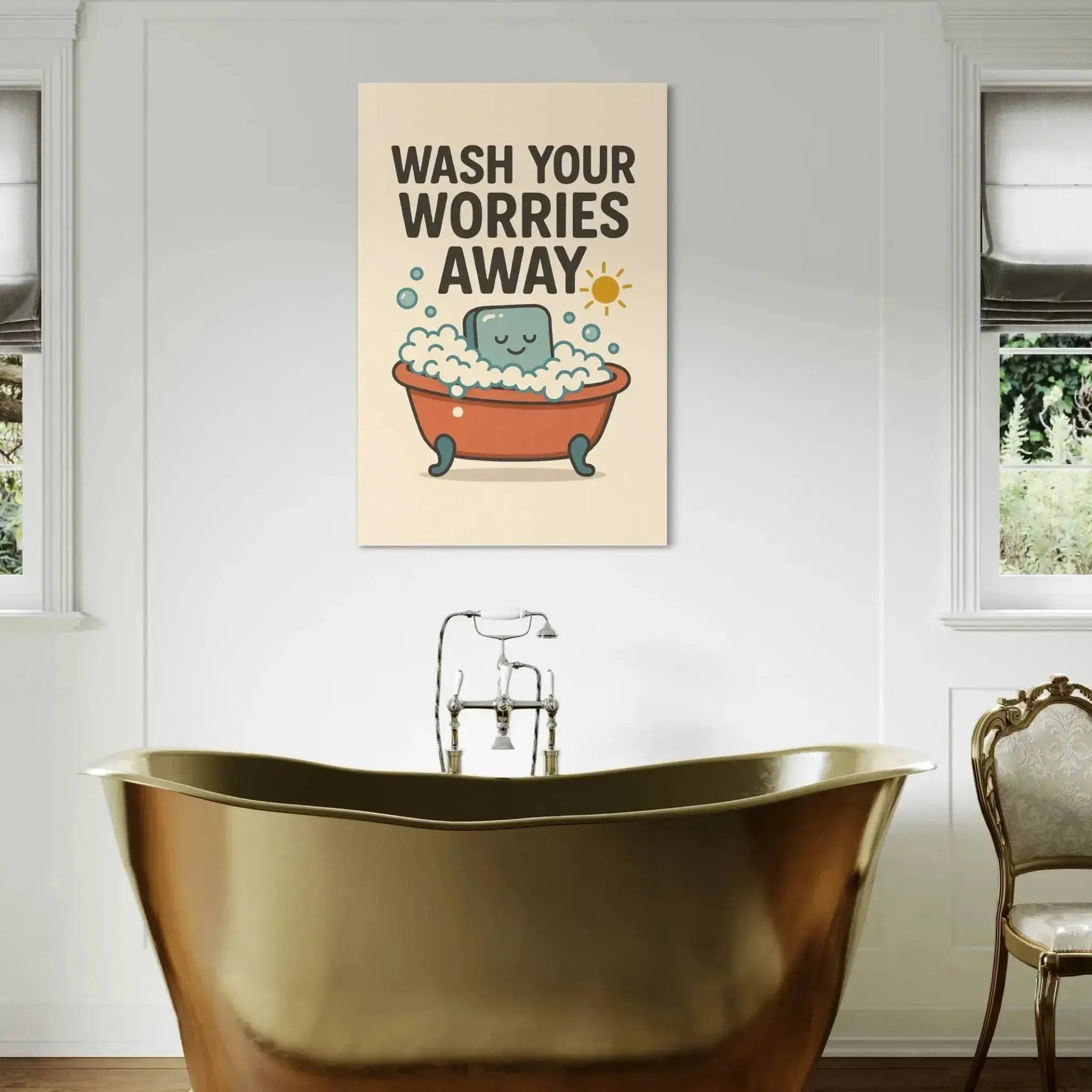 Close-up on the typographic element of the 'Bathtub Wall Art – Wash Your Worries Away Canvas' showing the bold dark brown lettering.