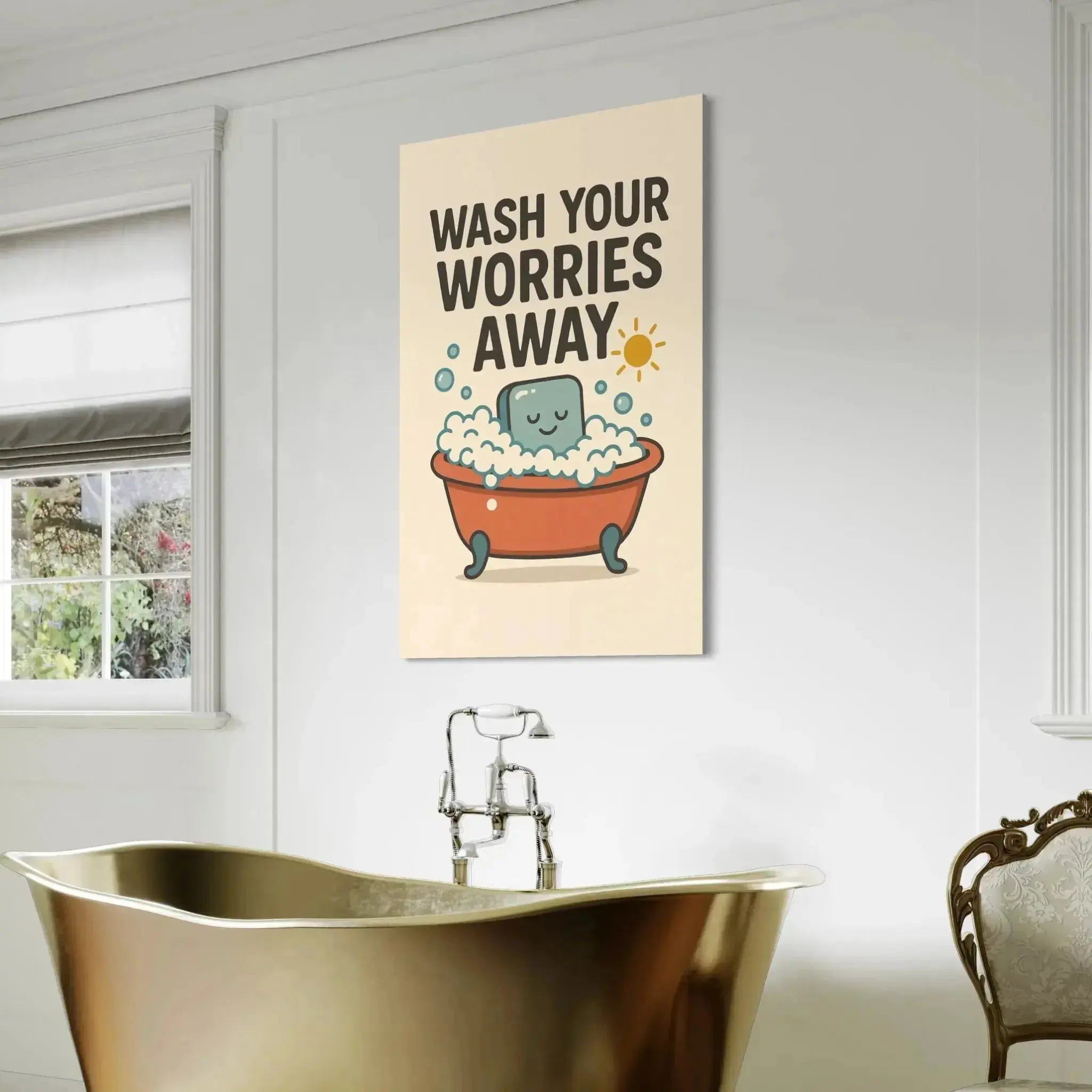 Detail shot of the cute smiling soap character and bath bubbles texture on the 'Bathtub Wall Art – Wash Your Worries Away Canvas'.
