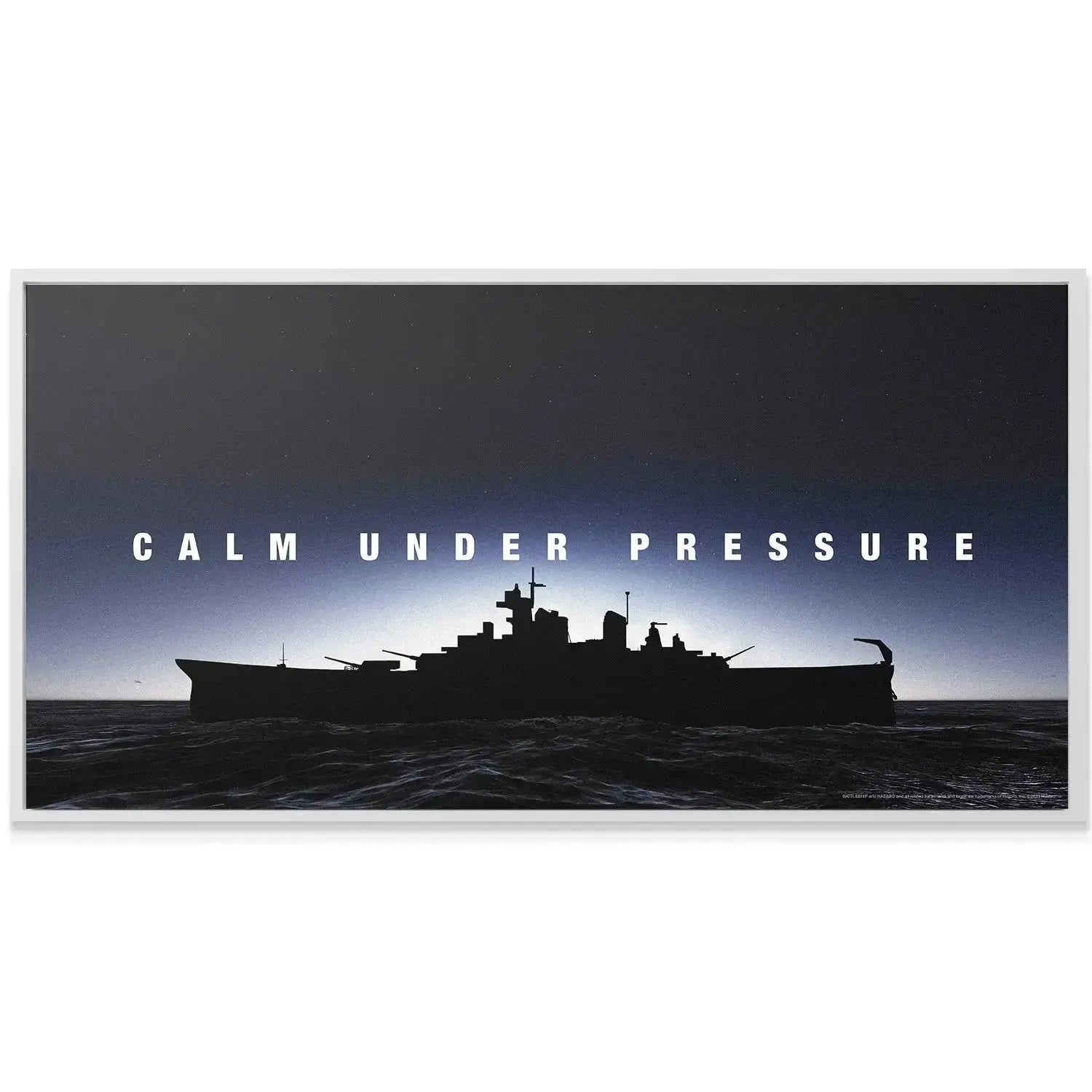 Wide-angle shot showing the vast, dark ocean waves beneath the imposing Battleship - Calm Under Pressure.