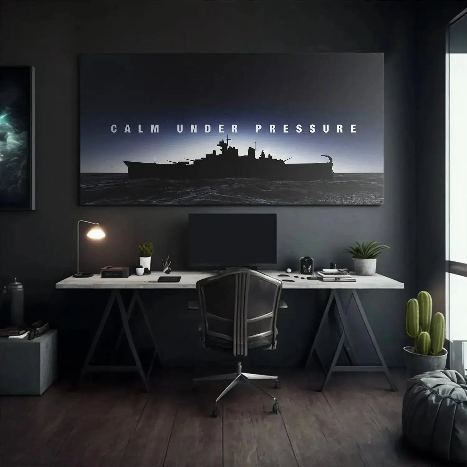 Inspirational quote 'Calm Under Pressure' prominently displayed on the dark naval vessel artwork.