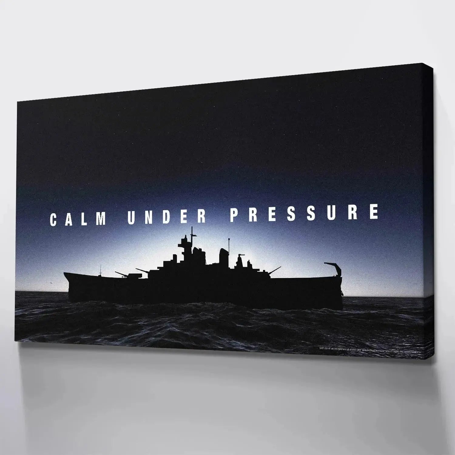 A lifestyle shot featuring the Battleship - Calm Under Pressure canvas hanging on a wall in a modern office setting.