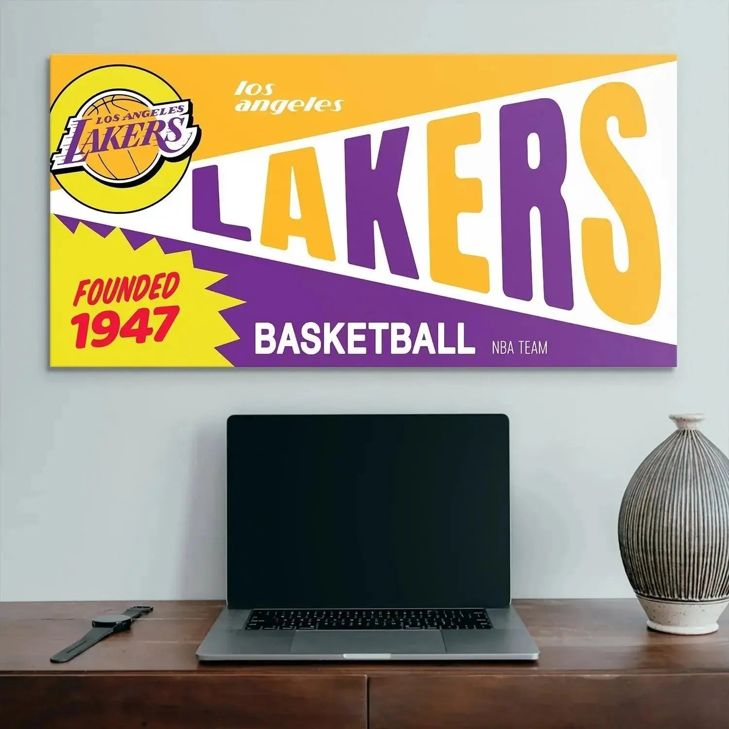 Lifestyle mock-up showing the framed Bazooka - Lakers art in a modern room setting.