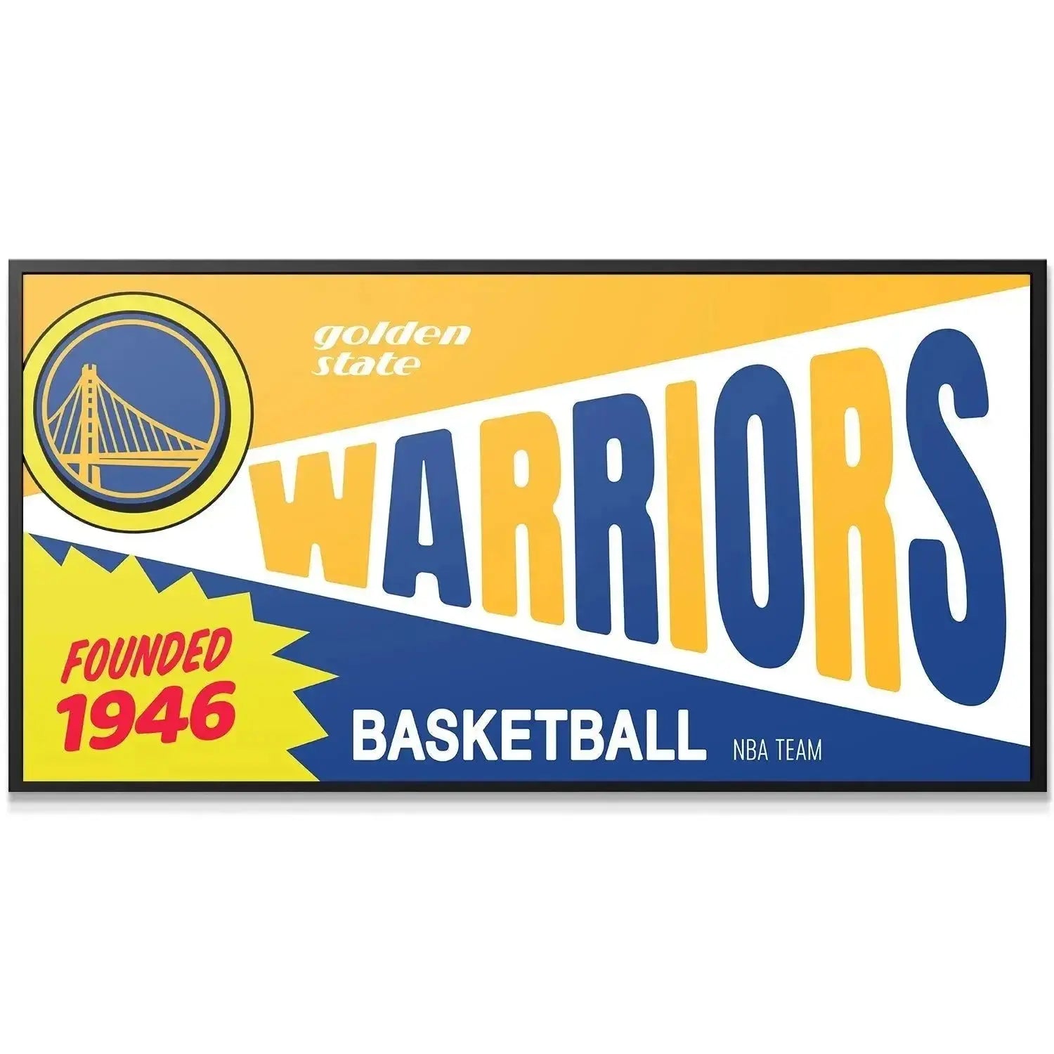 Close-up detail of the 'WARRIORS' blue and yellow text overlay on the Bazooka - Warriors merchandise.