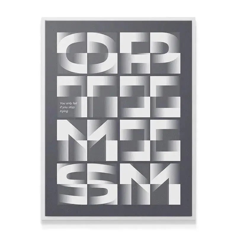 Angled shot of the motivational canvas art hanging on a white wall; display reflects the message to Be Optimistic.