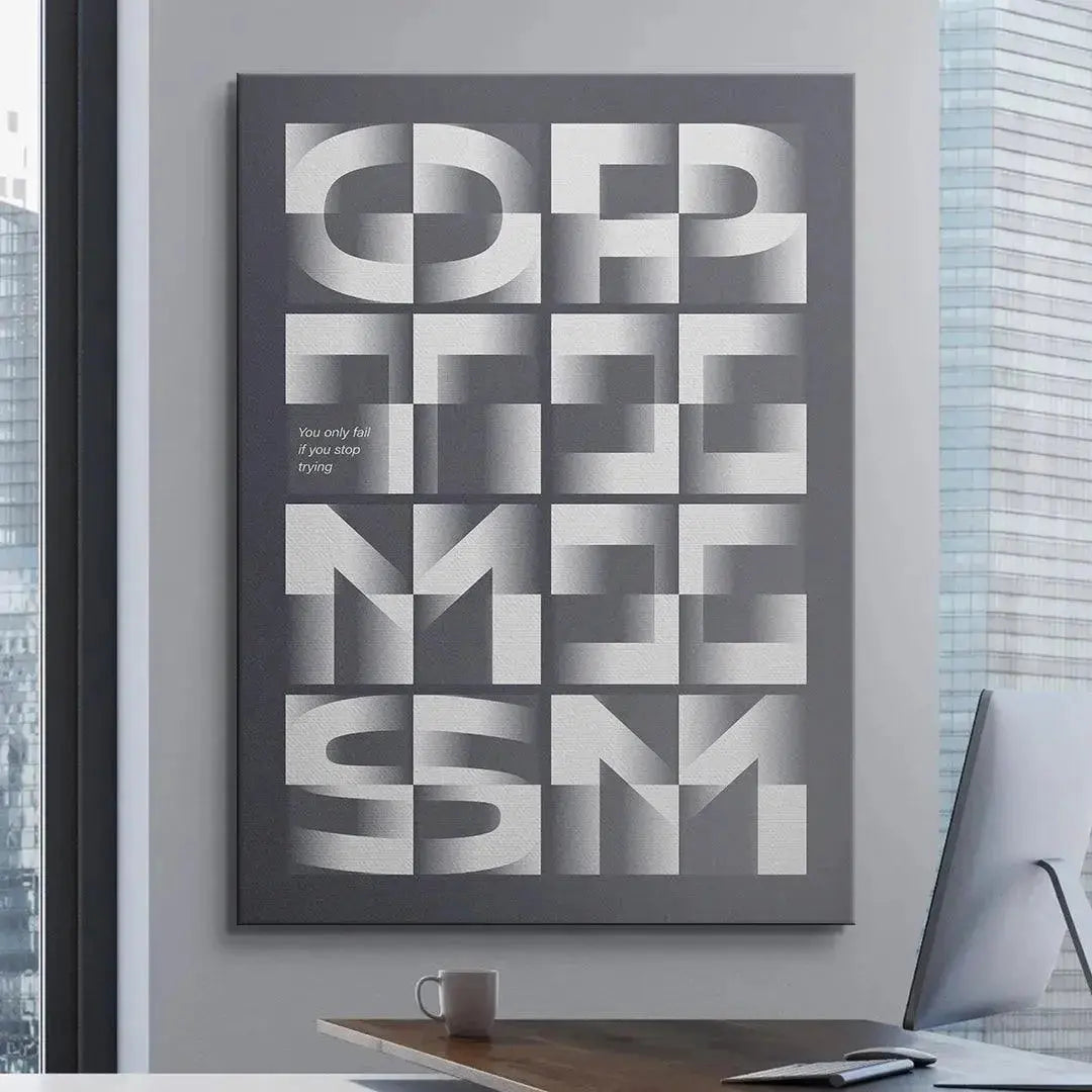 Texture shot showing the matte finish and sharp lines of the print urging viewers to Be Optimistic.