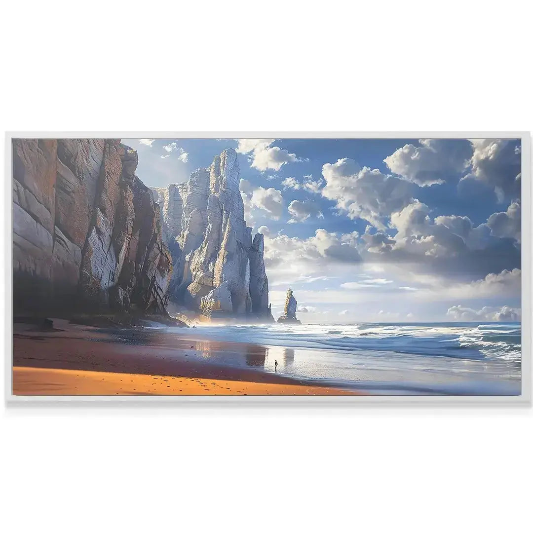 Wide-angle shot showing the vast orange sand meeting the ocean waves beneath the Beach Cliff.