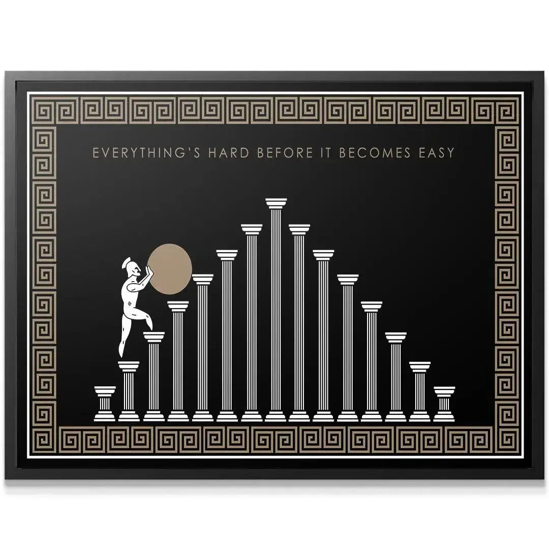 Close-up detail of the struggling figure ascending the column steps in 'Before It Becomes Easy - Empire Series' artwork.