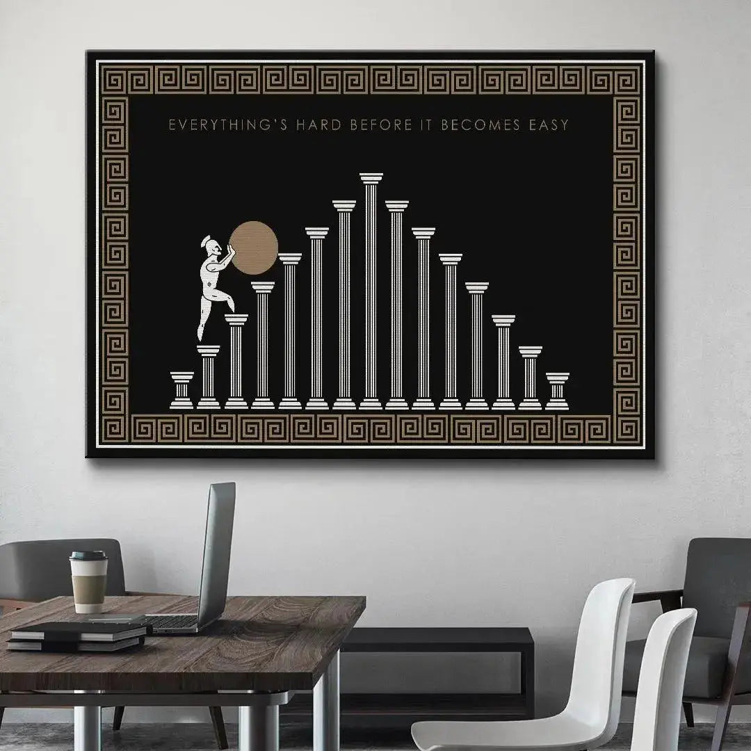 Black and white minimalist canvas focusing on the intricate Greek key border of 'Before It Becomes Easy - Empire Series'.