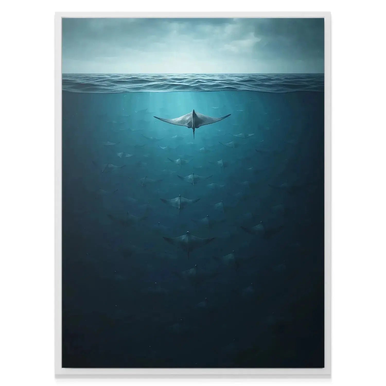 Wide-angle perspective emphasizing the sheer vertical depth of the water Below the waves.