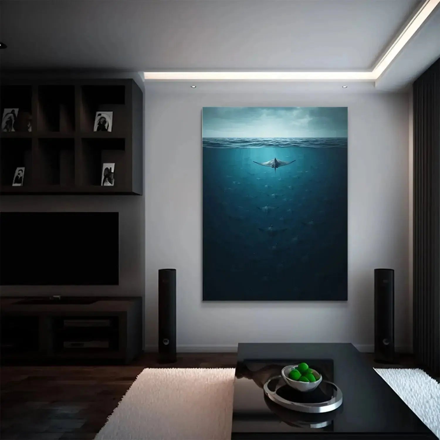 Digital painting style showing the moody blue color gradients Below the water line.