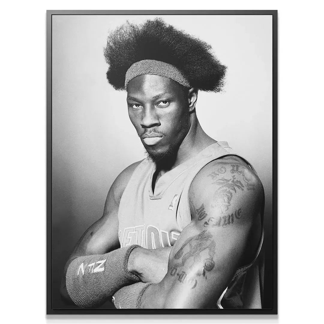 Black and white photo print of Ben Wallace - #1 with his arms crossed, emphasizing his muscular physique.