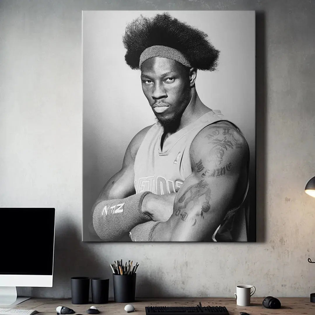 Detailed view of the arm tattoos and wristbands worn by Ben Wallace - #1 in this legendary photograph.