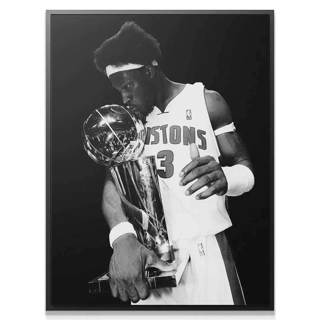 Monochromatic poster art featuring Ben Wallace - #2 celebrating his NBA victory.