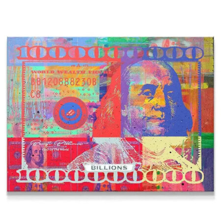 Frontal view of the vibrant Benji Billions pop art canvas, showcasing high color saturation