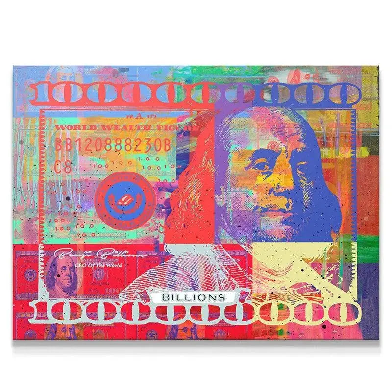 Frontal view of the vibrant Benji Billions pop art canvas, showcasing high color saturation
