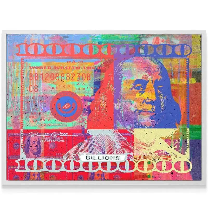 Detailed crop of Benjamin Franklin's face in the Benji Billions artwork, rendered in contrasting blue and red tones