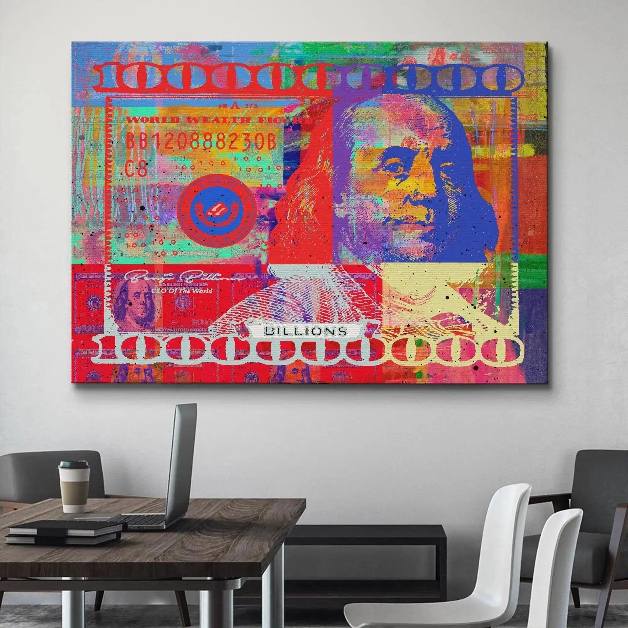 Angular view of the large-scale Benji Billions modern monetary artwork hanging on a white wall
