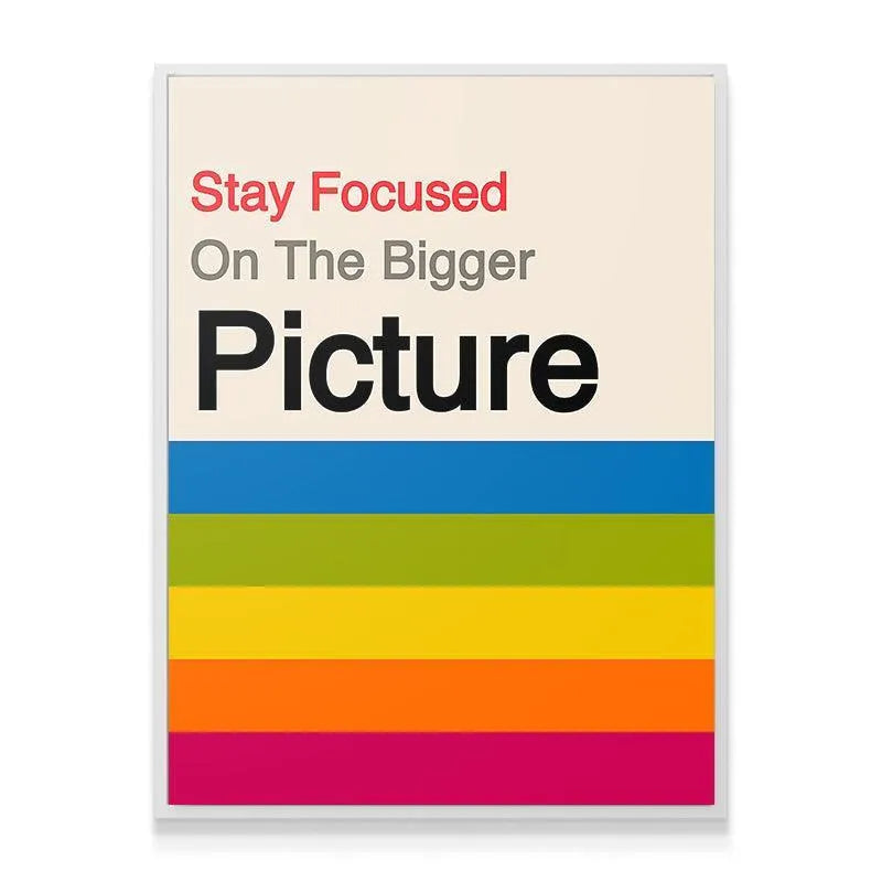 Lifestyle shot of the 'Bigger Picture' poster framed and hanging in a modern home office setting.