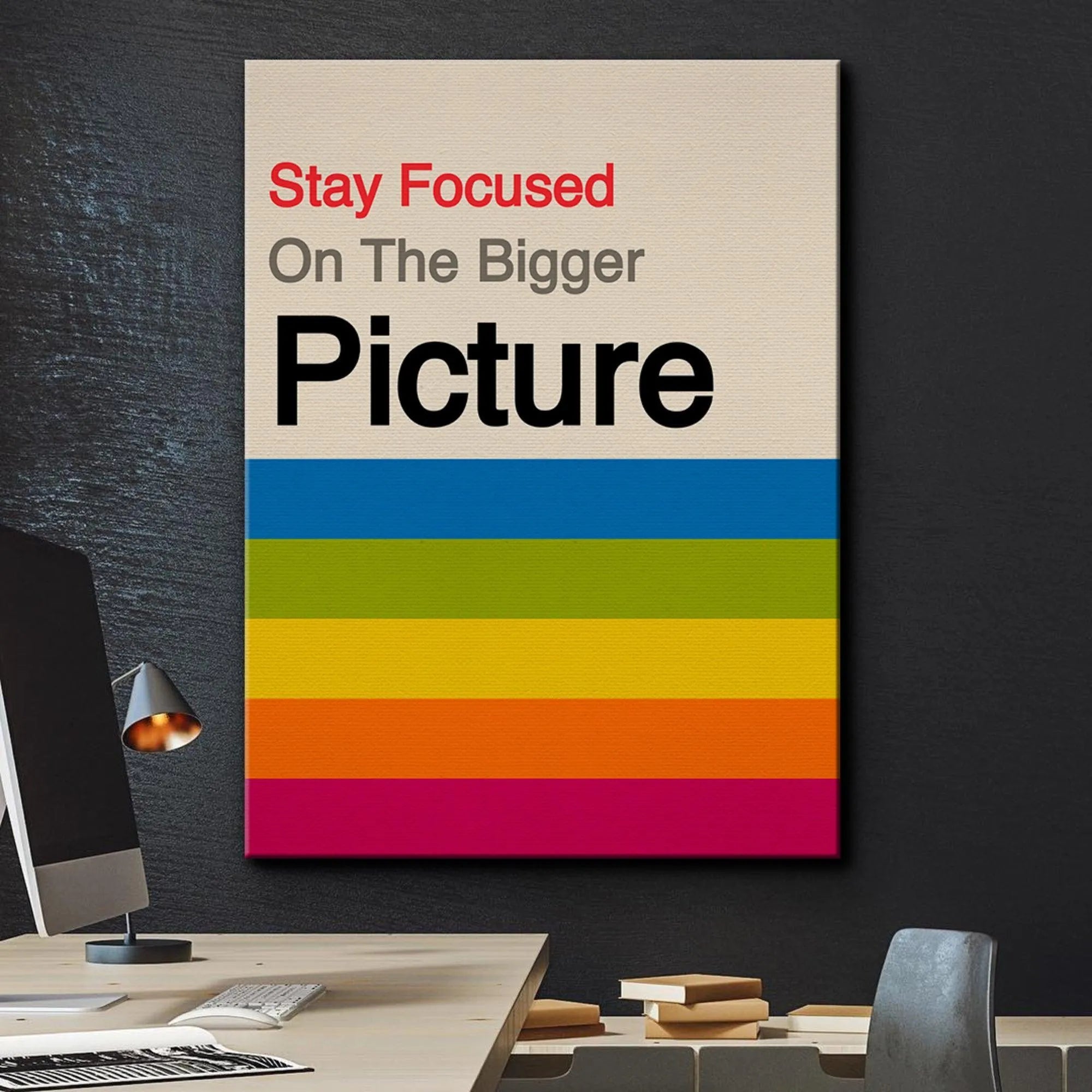 Angled studio view emphasizing the clean white border surrounding the 'Bigger Picture' artwork.
