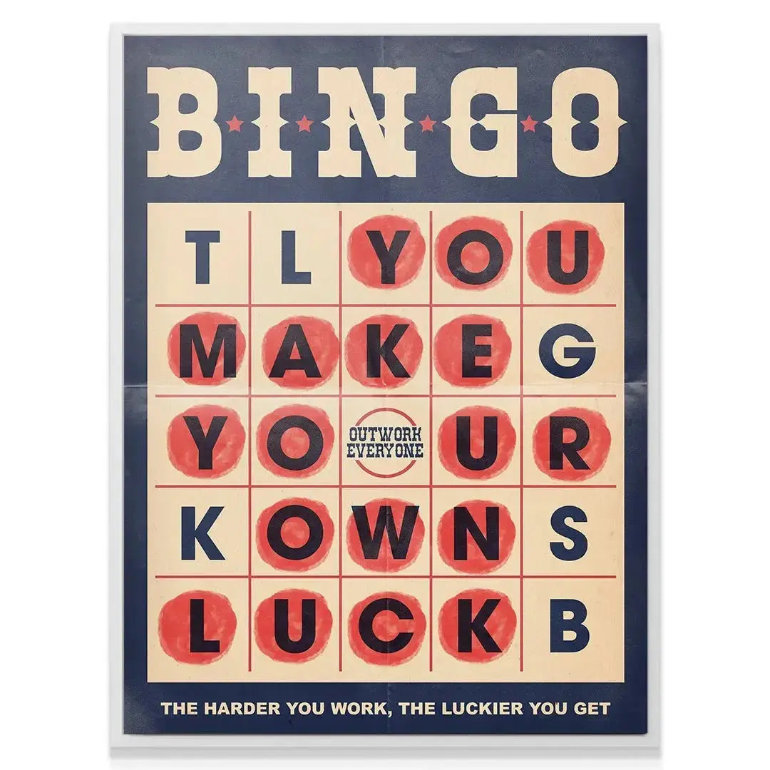Corner shot showing the dark blue border and folded texture of the inspirational Bingo print.