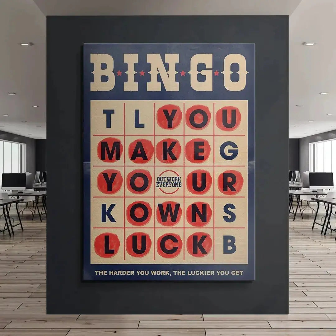 Lifestyle context view of the retro work ethic Bingo poster hanging on a modern wall.