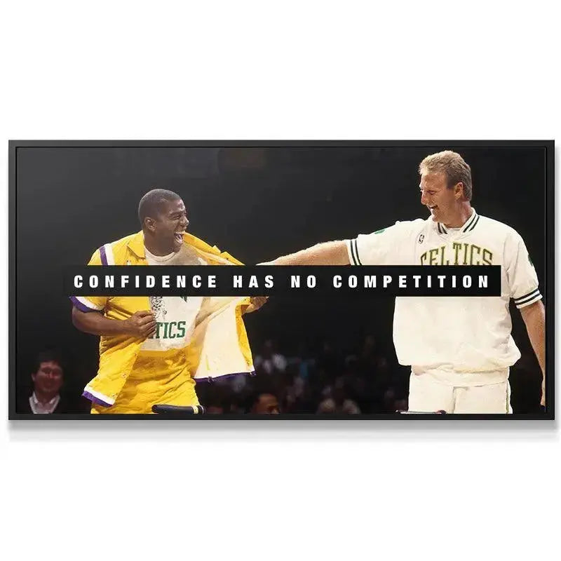 Close-up on Magic Johnson's ecstatic expression, highlighting the Laker jersey and the text 'Bird & Magic - Confidence Has No Competition'.