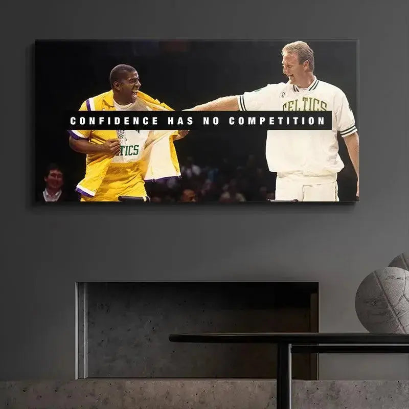 Wide-angle shot emphasizing the contrast between the Lakers' yellow and Celtics' white jerseys in the 'Bird & Magic - Confidence Has No Competition' wall art.