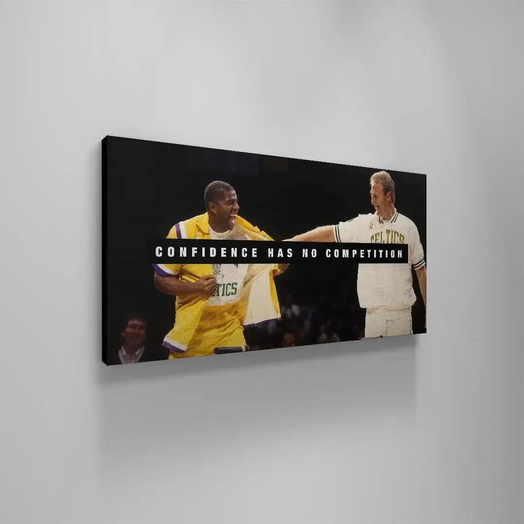 Lifestyle mock-up showing the framed 'Bird & Magic - Confidence Has No Competition' print hanging above a modern desk for inspiration.
