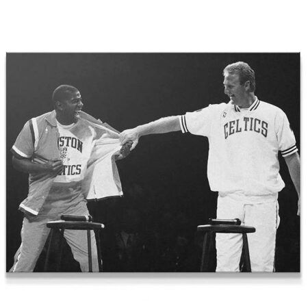Full shot of Bird & Magic - Frenemies interacting on stage, black background emphasizing their legendary rivalry.