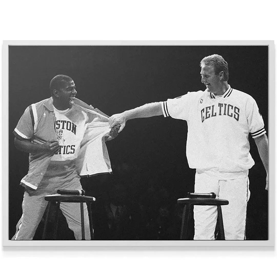 Textured canvas print featuring the iconic Bird & Magic - Frenemies moment in high-contrast black and white.