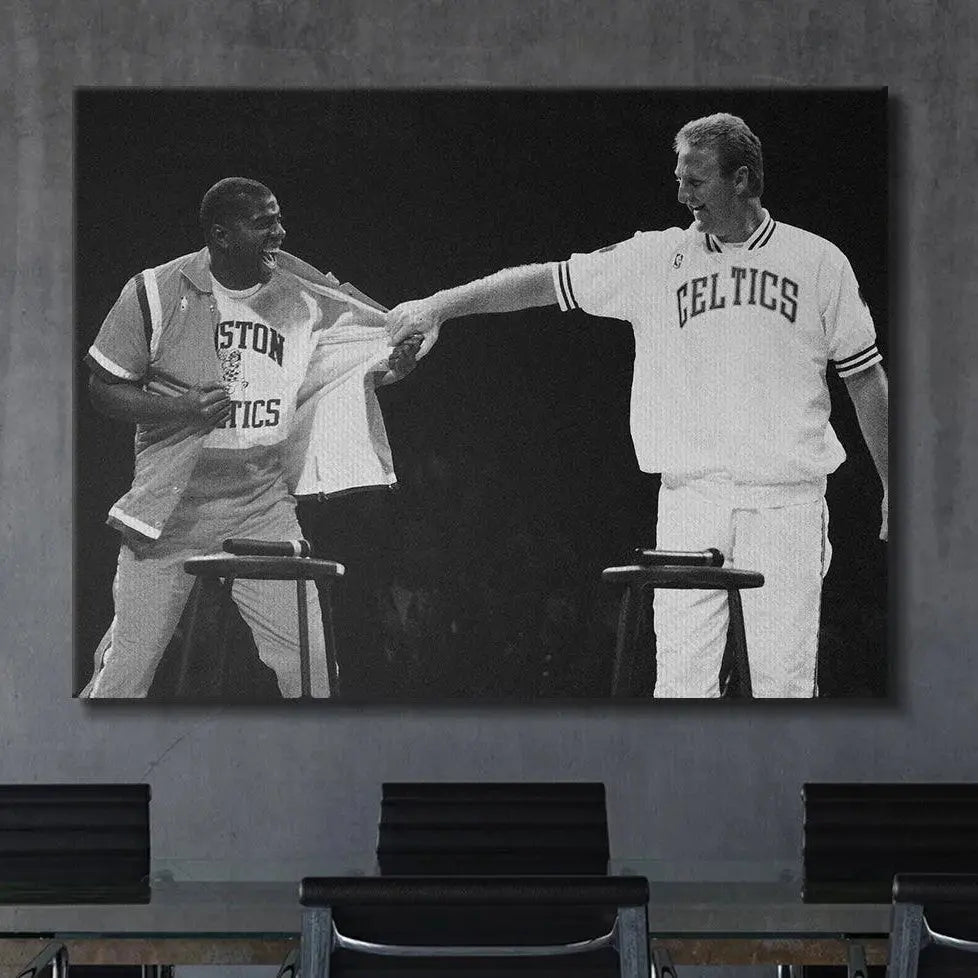 Lifestyle angle of the Bird & Magic - Frenemies poster displayed prominently in a modern sports den setup.