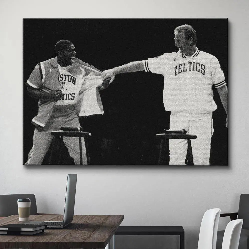 Detail shot focusing on Magic Johnson's ecstatic expression and jersey pull in the Bird & Magic - Frenemies image.