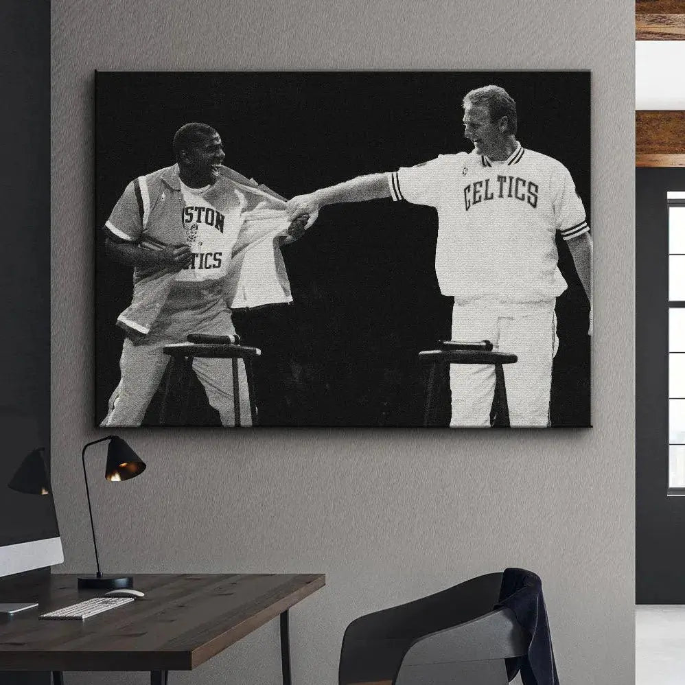 Detail shot focusing on Larry Bird's composed and laughing demeanor in the Bird & Magic - Frenemies artwork.