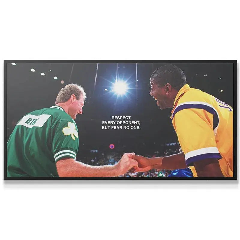 Close-up detail of Larry Bird and Magic Johnson shaking hands, emphasizing Bird & Magic - Respect.